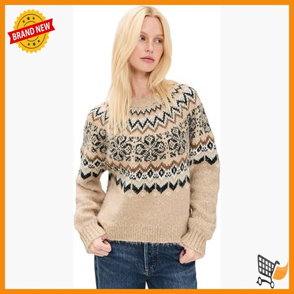 Fair Isle Pullover Sweater, Winter Knit, Crew Neck, Hip Length